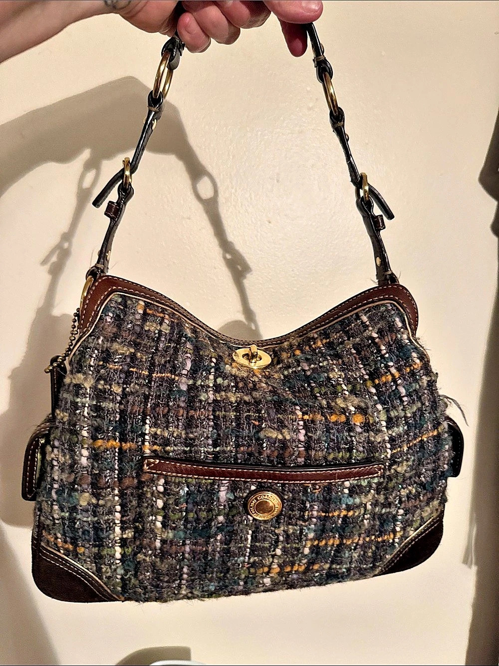 Coach Chelsea Boucle Tweed Shoulder Bag Plaid Shoulder Bag in Brown & Multicolor